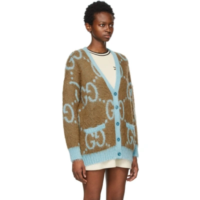 Shop Gucci Reversible Brown & Blue Mohair Oversized Gg Cardigan In 2048 Brown/blue