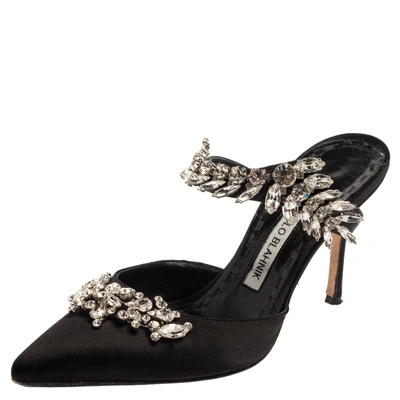 Pre-owned Manolo Blahnik Black Satin Crystal Embellished Mule Sandals Size 36