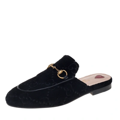 Pre-owned Gucci Black Gg Velvet And Leather Princetown Horsebit Flat Mules Size 35