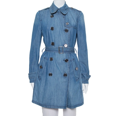 Pre-owned Burberry Brit Blue Denim Double Breasted Belted Trench Coat M