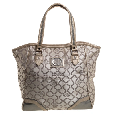 Pre-owned Versace Beige Monogram Fabric And Croc Embossed Leather Tote