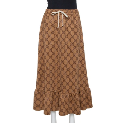 Pre-owned Gucci Beige Knit Logo Monogram Detail Ruffled Midi Skirt Xs