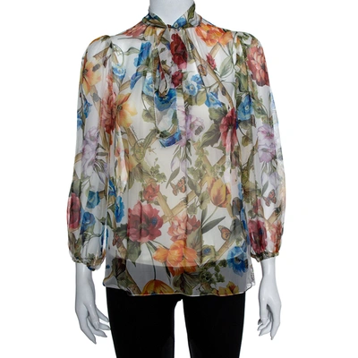 Pre-owned Dolce & Gabbana Multicolor Floral Printed Chiffon Neck Tie Detail Sheer Top S