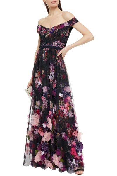 Shop Marchesa Notte Off-the-shoulder Embellished Gathered Floral-print Tulle Gown In Black