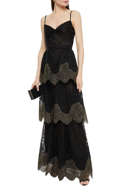 Shop Marchesa Notte Metallic Tiered Lace Gown In Black