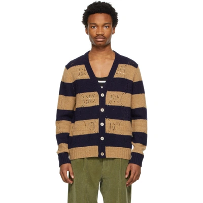 Shop Gucci Navy & Brown Gg Knit Wool Cardigan In 2420 Camel/
