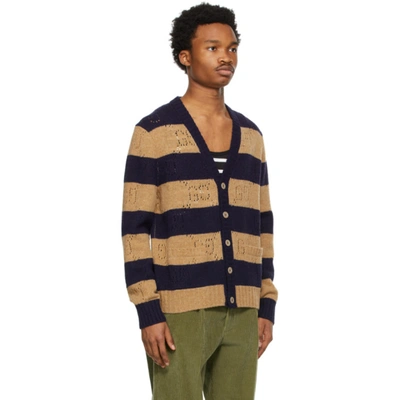 Shop Gucci Navy & Brown Gg Knit Wool Cardigan In 2420 Camel/