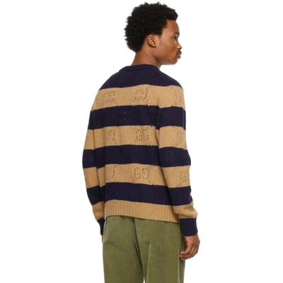 Shop Gucci Navy & Brown Gg Knit Wool Cardigan In 2420 Camel/