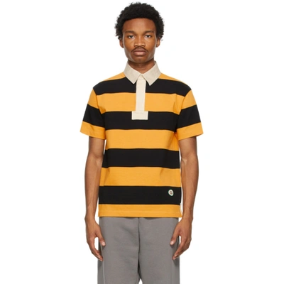 Shop Gucci Yellow & Black Cotton Striped Patch Polo In 7121 Zestbk