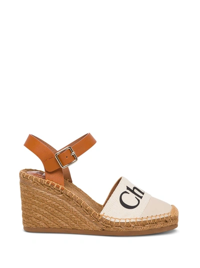 Shop Chloé Woody Wedge Espadrilles In Leather And Canvas In White