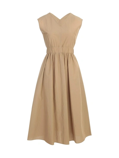 Shop Antonelli V Neck Sleeveless Dress W/elastic Waist In Beige Green