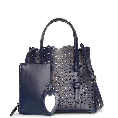 Shop Alaïa Mina 20 Dark Blue Leather Tote Bag