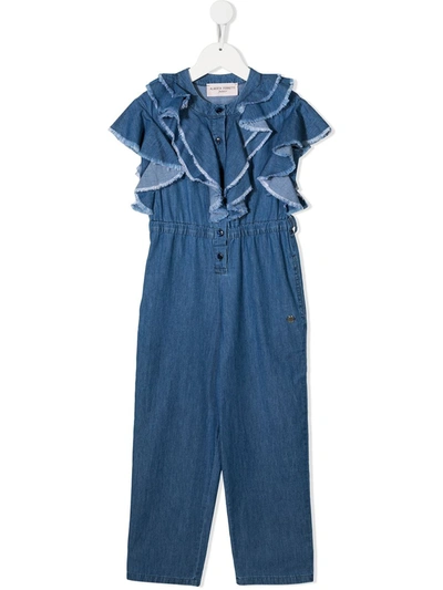 Shop Alberta Ferretti Ruffle-trimmed Denim Jumpsuit In Blue