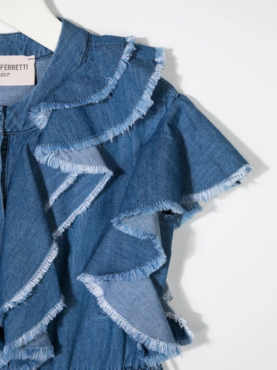 Shop Alberta Ferretti Ruffle-trimmed Denim Jumpsuit In Blue