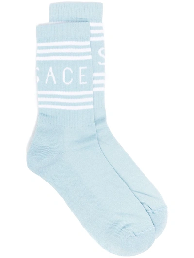 Shop Versace Logo-print Ribbed Socks In Blue