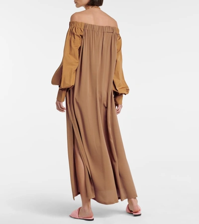 Shop Max Mara Amico Off-shoulder Silk Maxi Dress In Brown