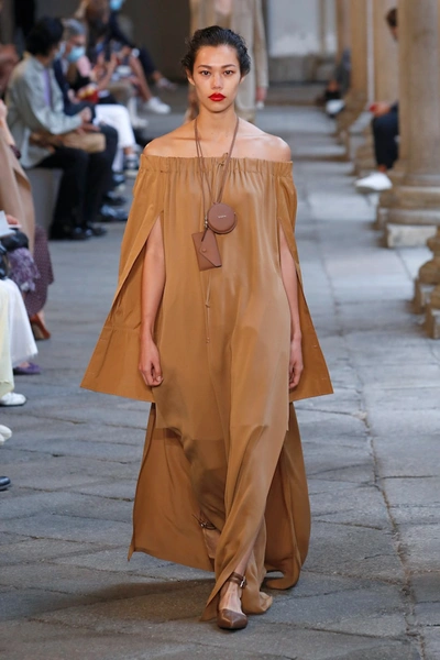 Shop Max Mara Amico Off-shoulder Silk Maxi Dress In Brown