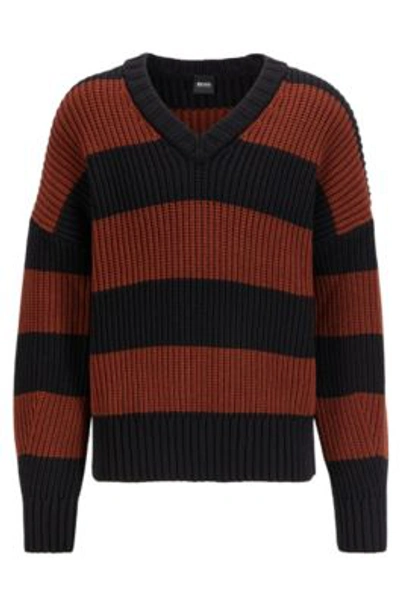 Shop Hugo Boss - Rugby Stripe V Neck Sweater In A Cotton Blend - Brown