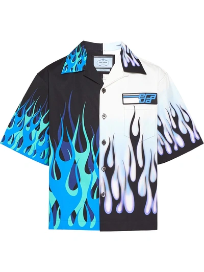 Prada Double Match Flames Print Shirt In Blue | ModeSens