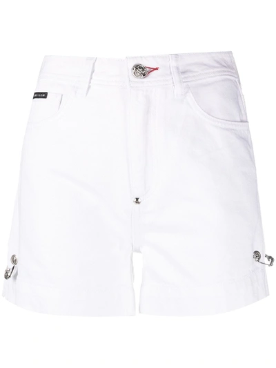 Shop Philipp Plein Safety-pin Denim Shorts In White