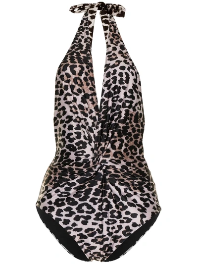 Shop Duskii Leopard-print Halterneck Swimsuit In Brown