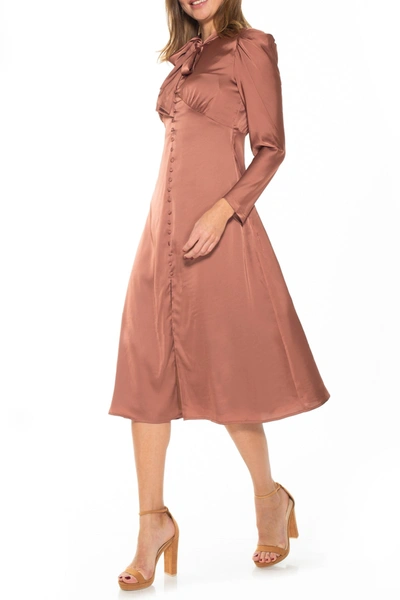 Shop Alexia Admor Vicki Bow Tie Satin Button Down Midi Dress In Red Rust