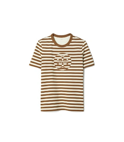 Shop Tory Burch Striped Logo T-shirt In Anise Brown / New Ivory