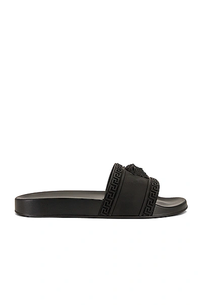 Versace Medusa Front Round Toe Flat Slides In Black
