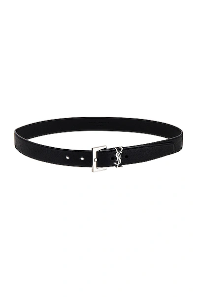 Saint Laurent Grained Leather Cassandre Thin Belt With Square Buckle Accessories In Black