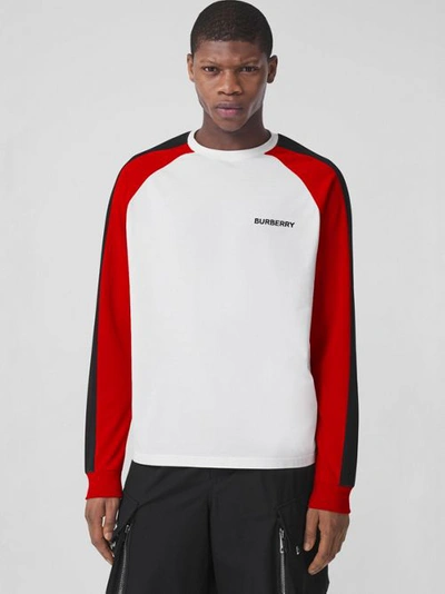 Shop Burberry Long-sleeve Embroidered Logo Cotton Top In White