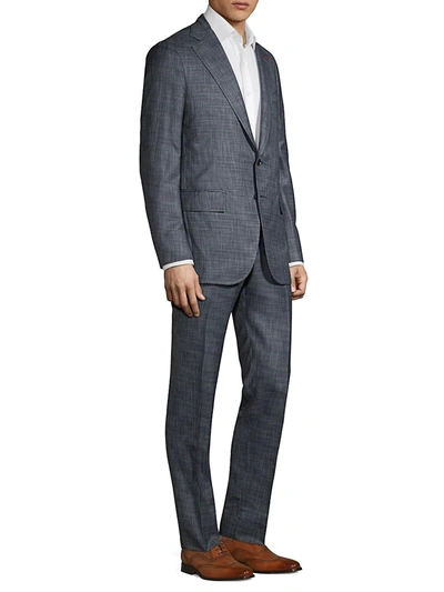 Shop Isaia Textured Solid Delavé Effect Wool & Silk Suit In Blue