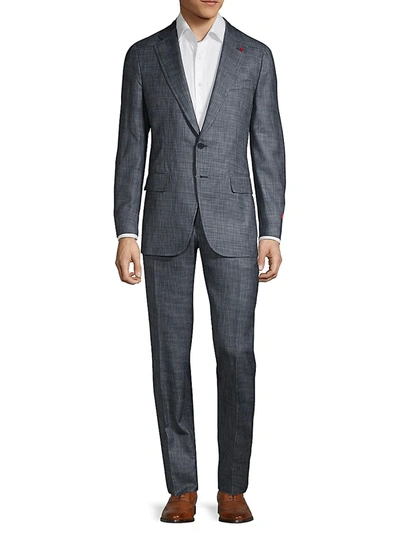 Shop Isaia Textured Solid Delavé Effect Wool & Silk Suit In Blue