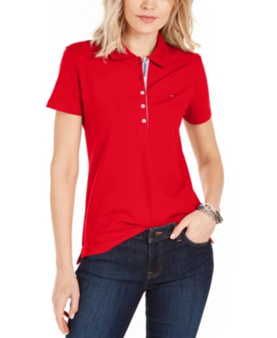 Shop Tommy Hilfiger Women's Solid Short-sleeve Polo Top In Scarlet