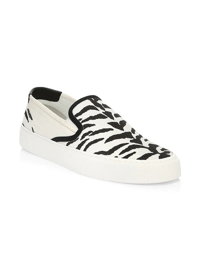 Shop Saint Laurent Men's Venice Zebra-stripe Canvas Slip-on Sneakers In White Black