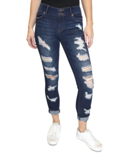 Shop Almost Famous Crave Fame Juniors' Ripped Roll-cuff Skinny Jeans In Dark Wash
