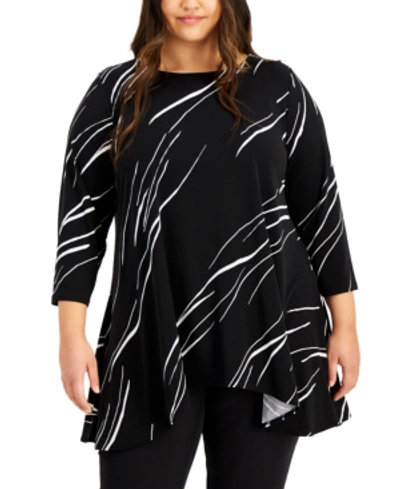 Shop Alfani Plus Size Linear Printed Swing Top, Created For Macy's In Black Linear Breeze