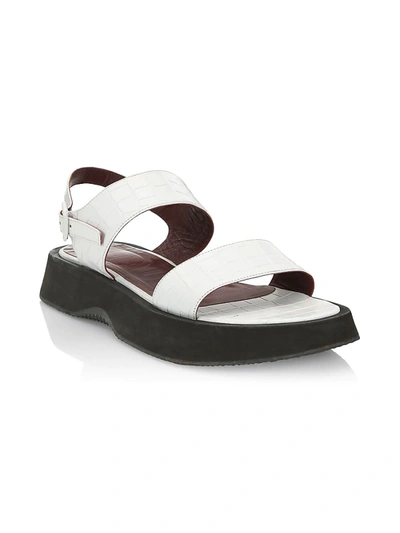 Shop Staud Nicky Croc-embossed Leather Platform Slingback Sandals In White Black