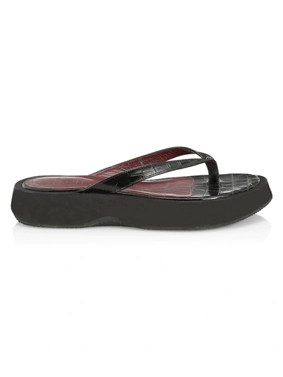 Shop Staud Tessa Croc-embossed Leather Platform Thong Sandals In Black Croc