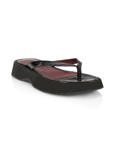 Shop Staud Tessa Croc-embossed Leather Platform Thong Sandals In Black Croc