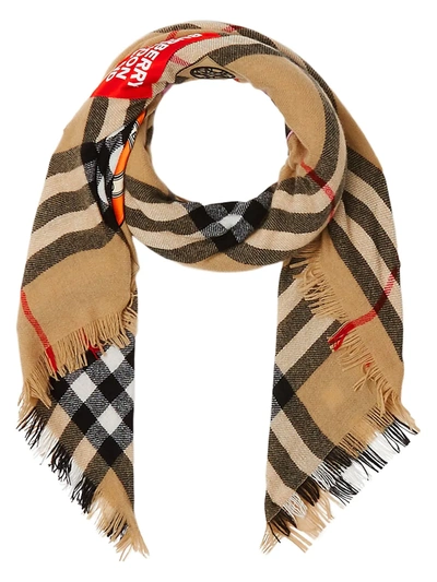 Shop Burberry Large Logo Graphic Check Cashmere Square Scarf In Archive Beige