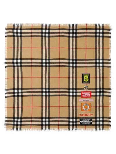 Shop Burberry Large Logo Graphic Check Cashmere Square Scarf In Archive Beige