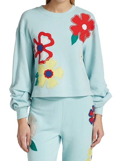 Shop Alice And Olivia Gaia Embroidered Step Sweatshirt In Powder Blue Multi