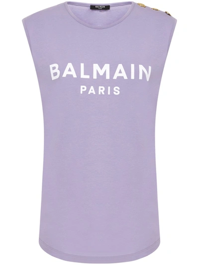 Shop Balmain Lilac Cotton Top In Purple