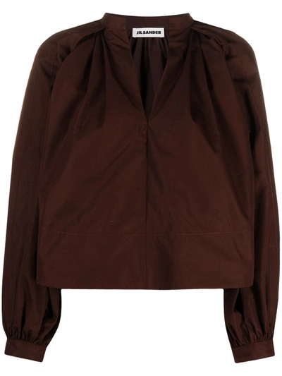 Shop Jil Sander Puff Sleeve Cotton Shirt In Brown