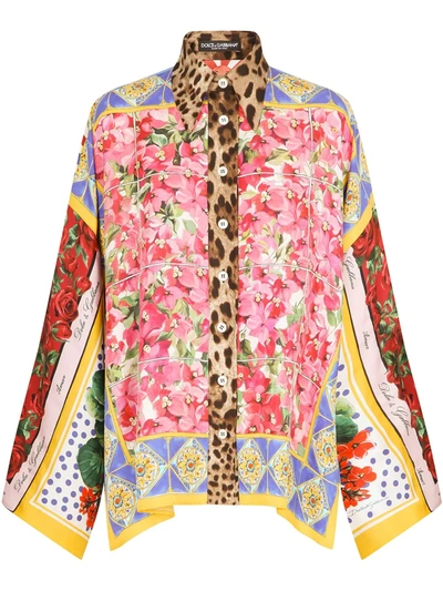 Shop Dolce & Gabbana Patchwork-print Silk Shirt In Blue