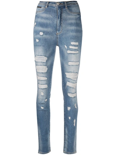 Shop Philipp Plein High-waisted Distressed Jeans In Blue