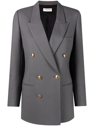 Shop Saint Laurent Peak-lapel Double-breasted Blazer In Grey