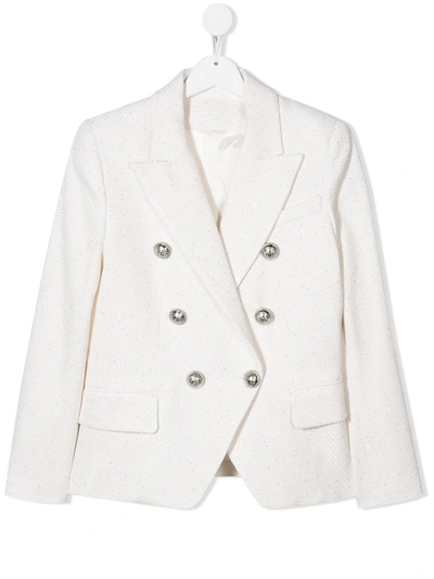 Shop Balmain Decorative-button Tweed Blazer In White