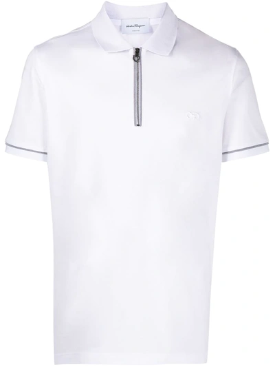 Shop Ferragamo Logo-embroidered Zip-neck Polo Shirt In White