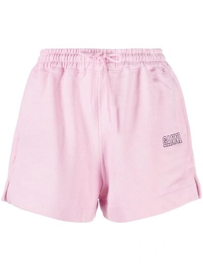 Shop Ganni Logo-embroidered Drawstring Track Shorts In Pink